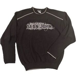 Y2K Sean John Men's XL Chunky Knit Sweater Crew Neck Black Embroidered Heavy